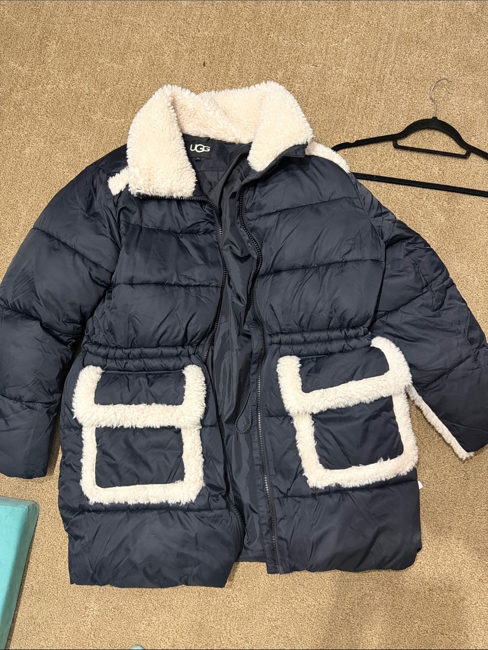 UGG women black Puffer Coat with Cream Sherpa Trim